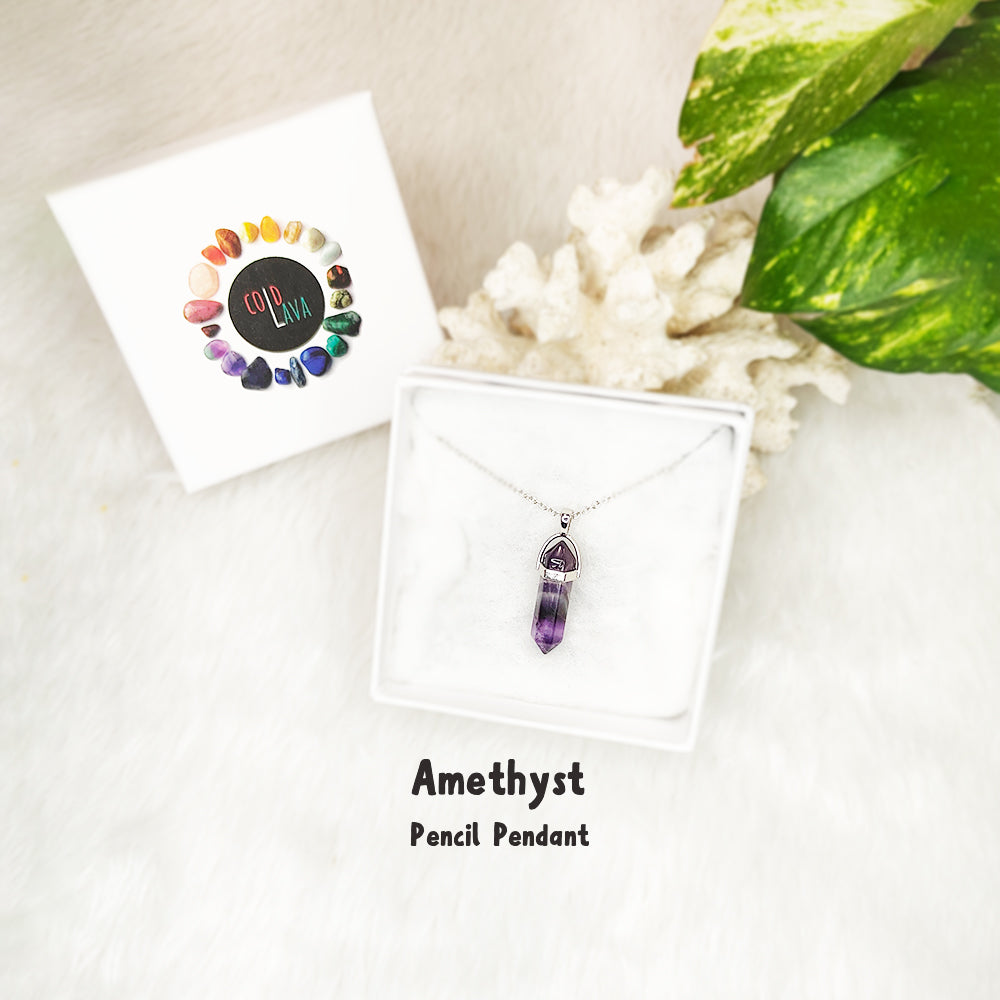 Natural Amethyst pencil pendant, close-up of crystal point – Cold Lava Studio