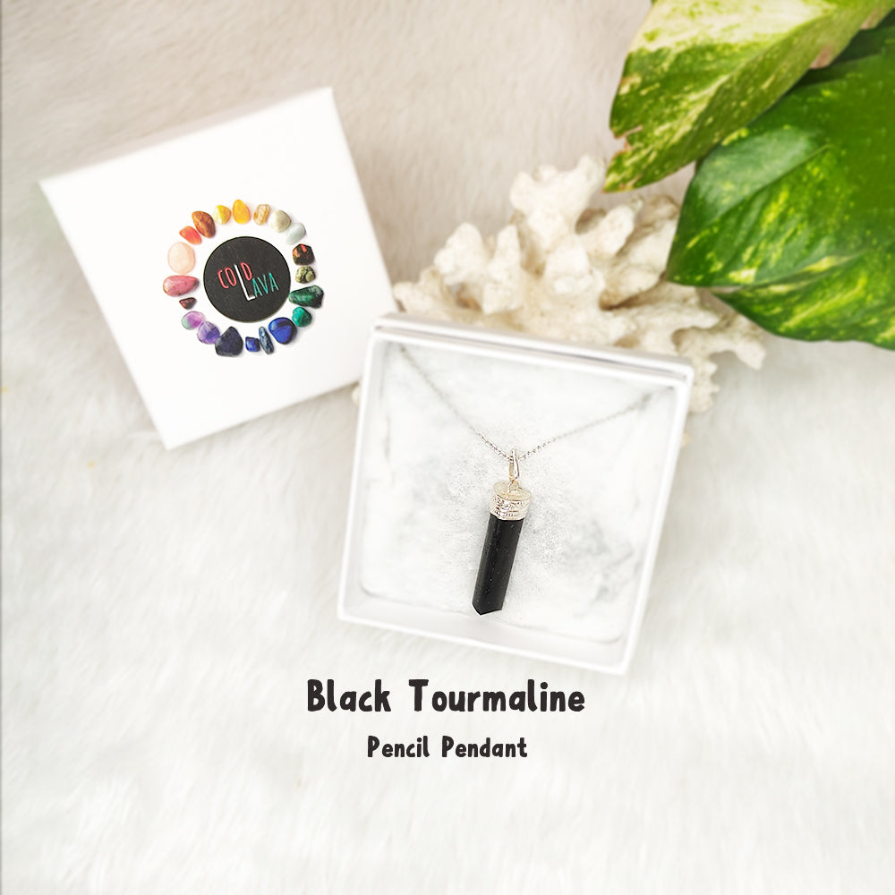 Natural Black Tourmaline pencil pendant, close-up of crystal point – Cold Lava Studio