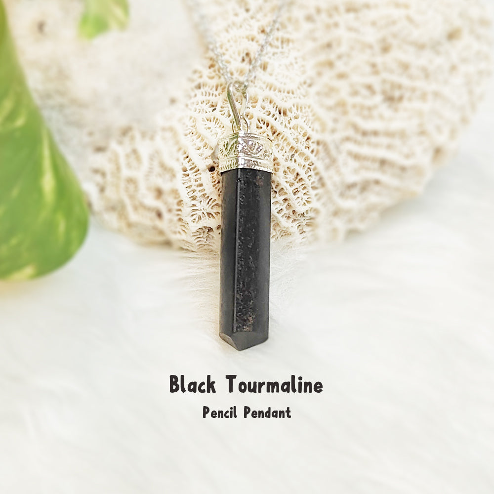 Natural Black Tourmaline pencil pendant necklace for grounding and protection – GII-certified, handmade, Cold Lava Studio