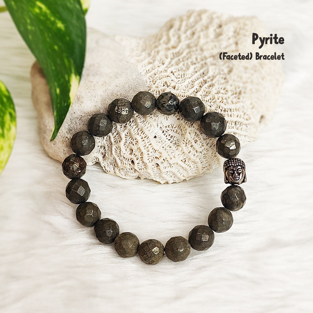 Faceted Natural Pyrite bracelet, 10mm beads for prosperity and abundance – handmade, GII-certified, Cold Lava Studio