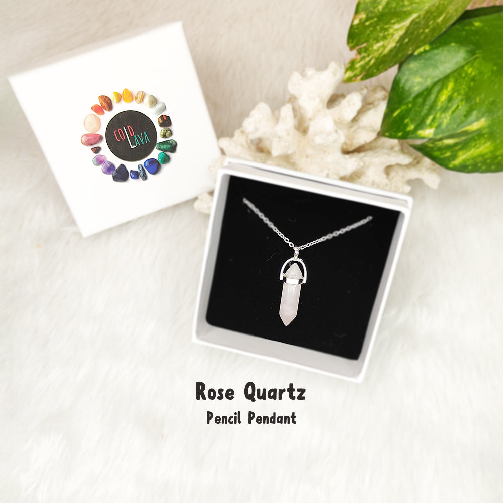 Natural Rose Quartz pencil pendant, close-up of crystal point – Cold Lava Studio