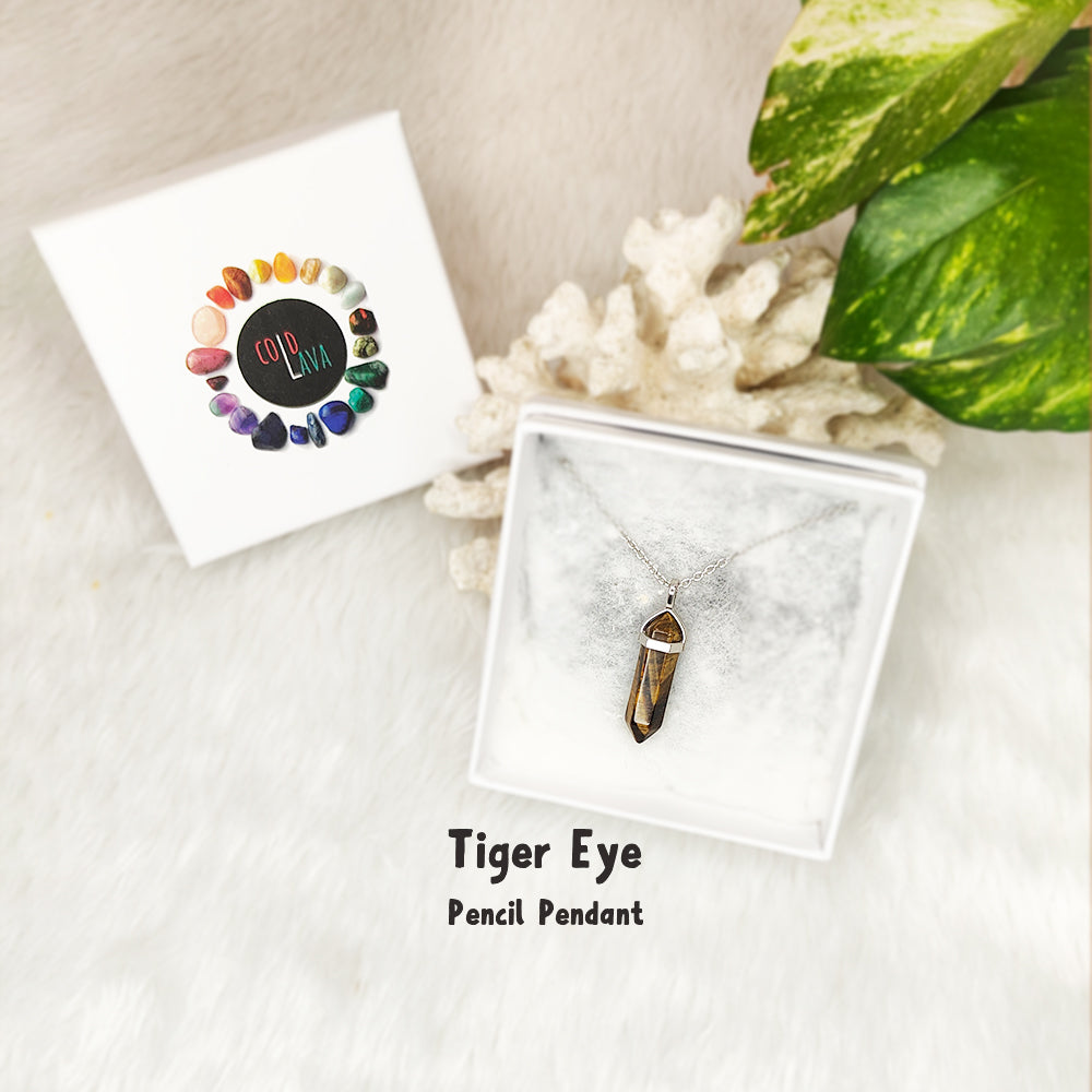 Natural Tiger Eye pencil pendant, close-up of crystal point – Cold Lava Studio