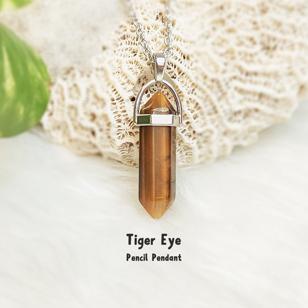 Natural Tiger Eye pencil pendant necklace for willpower and focus – GII-certified, handmade, Cold Lava Studio