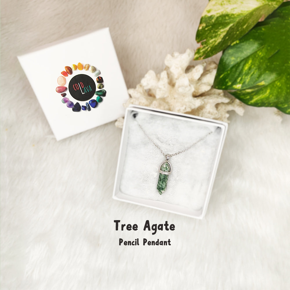 Natural Tree Agate pencil pendant, close-up of crystal point – Cold Lava Studio