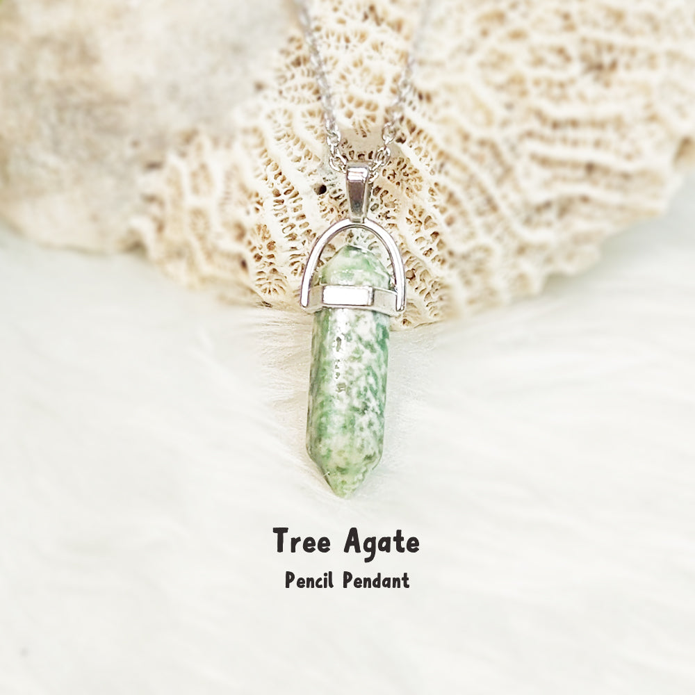 Natural Tree Agate pencil pendant necklace for growth and stability – GII-certified, handmade, Cold Lava Studio