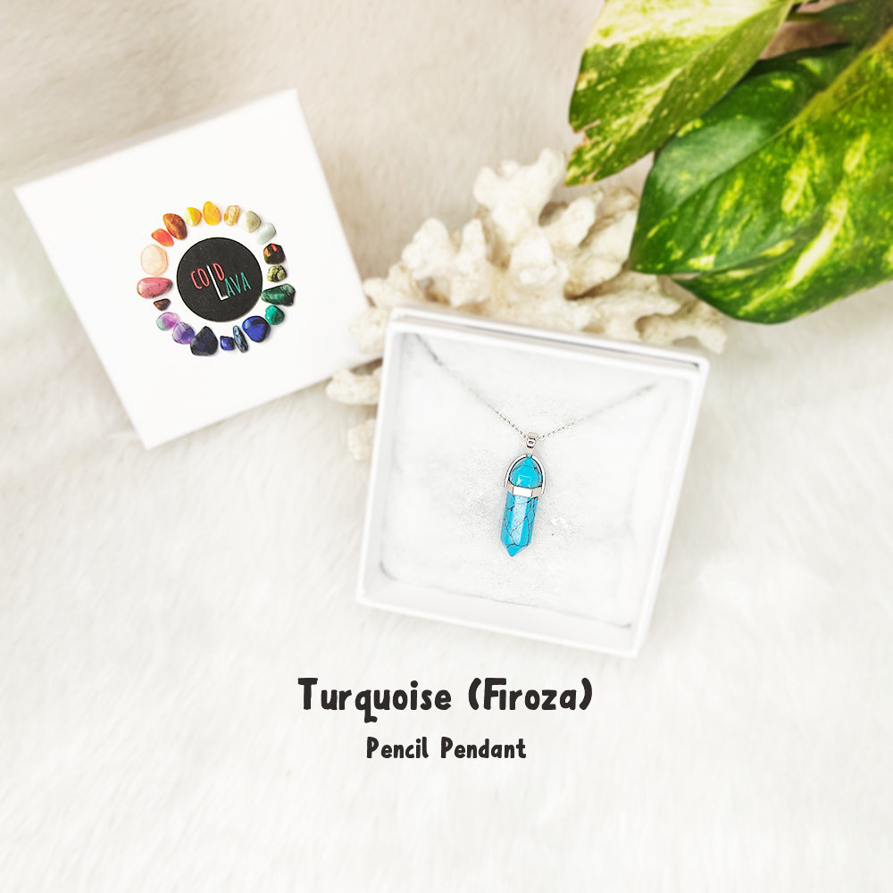 Natural Turquoise pencil pendant, close-up of crystal point – Cold Lava Studio