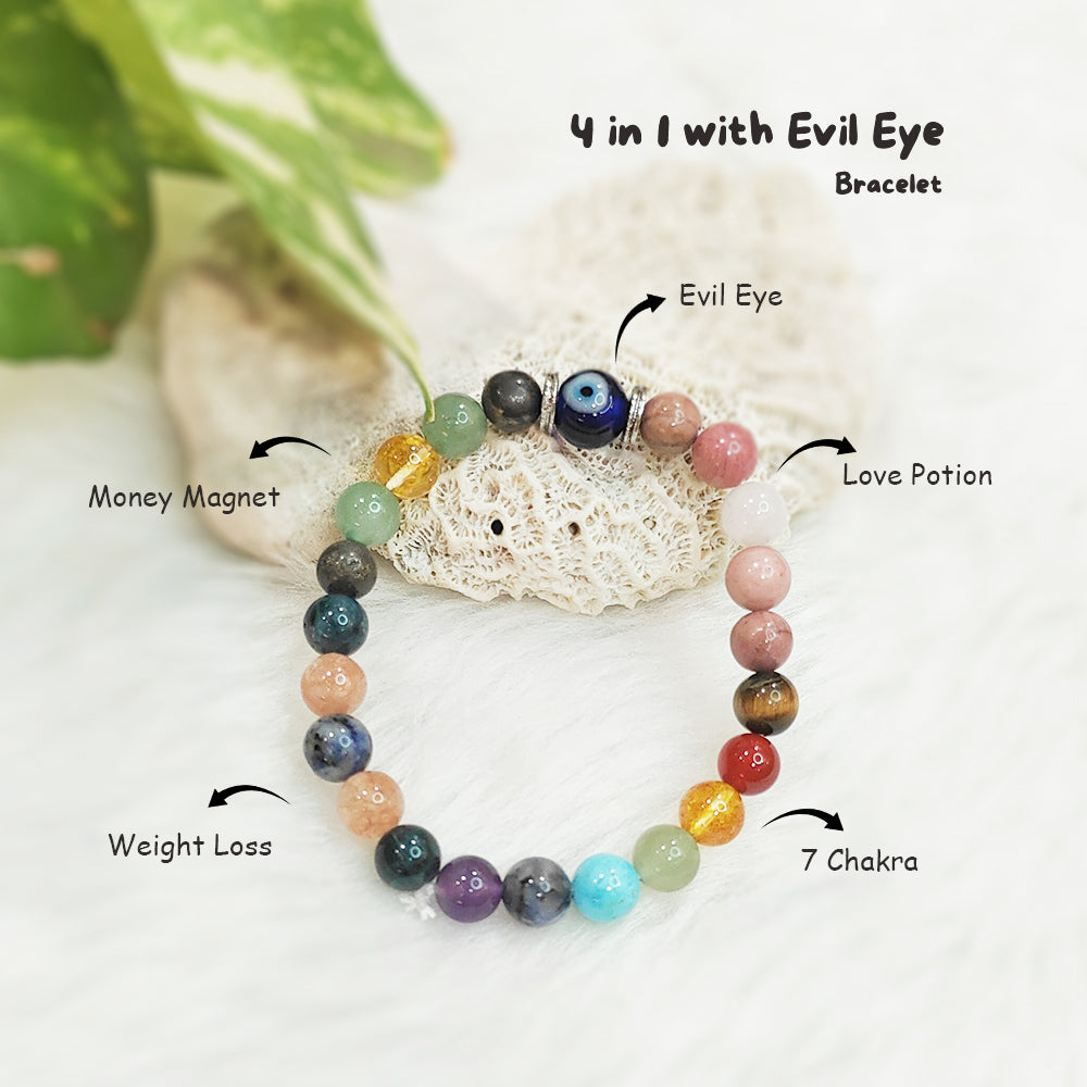 4-in-1 natural gemstone bracelet with Evil Eye charm, close-up of beads – Cold Lava Studio