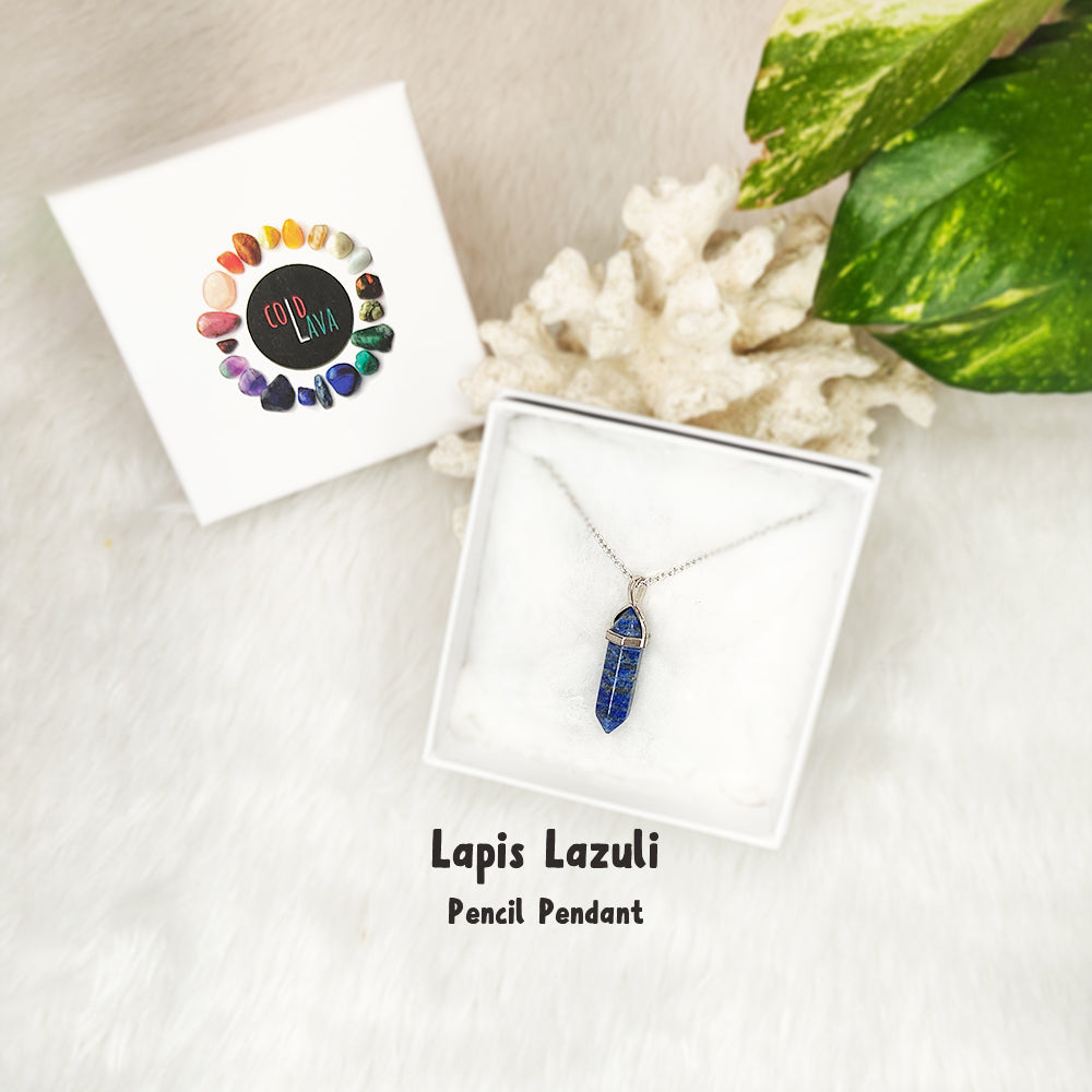 Natural Lapis Lazuli pencil pendant, close-up of crystal point – Cold Lava Studio