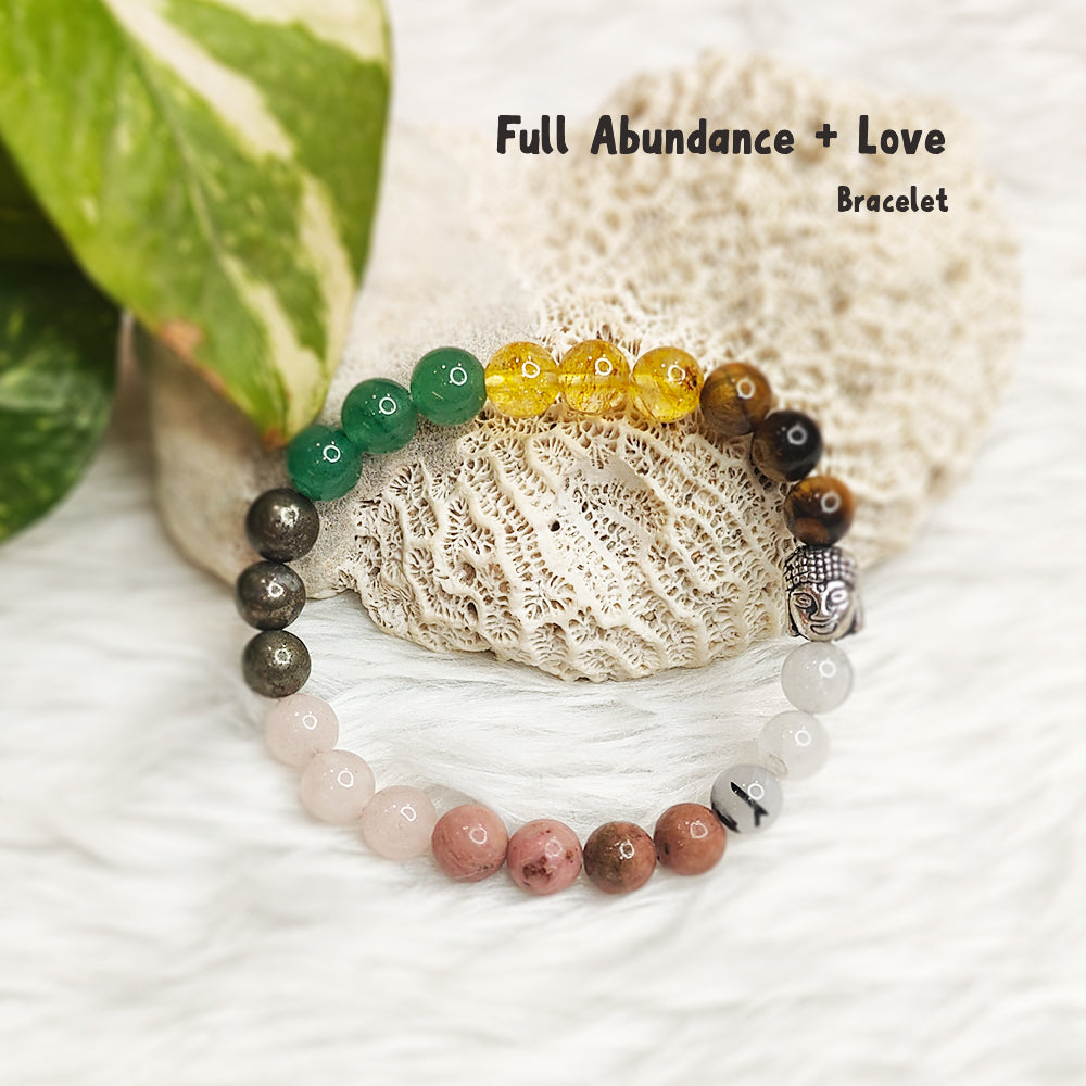 Abundance Love natural gemstone bracelet with Tiger Eye, Pyrite, Citrine, Green Aventurine, Tourmalinated Quartz, Rhodonite and Rhodochrosite for abundance and heart-centered love – handmade, GII-certified, Cold Lava Studio