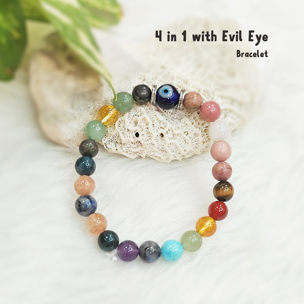 4-in-1 natural gemstone bracelet with Evil Eye charm for protection – handmade, GII-certified, Cold Lava Studio