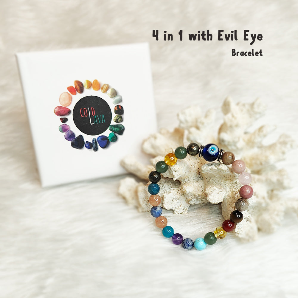 4-in-1 natural gemstone bracelet with Evil Eye charm styled on wrist – Cold Lava Studio