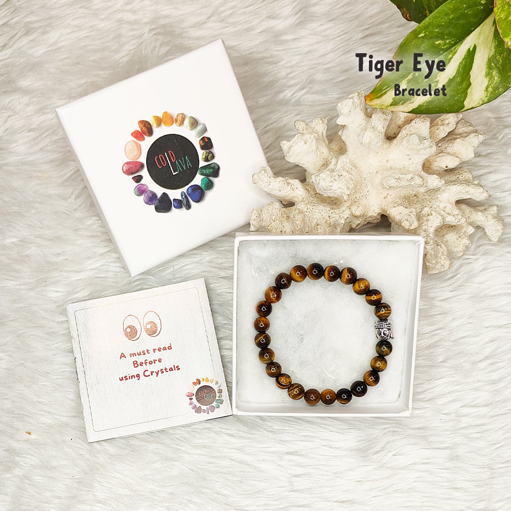 Natural Tiger Eye crystal bracelet, close-up of golden-brown beads – Cold Lava Studio