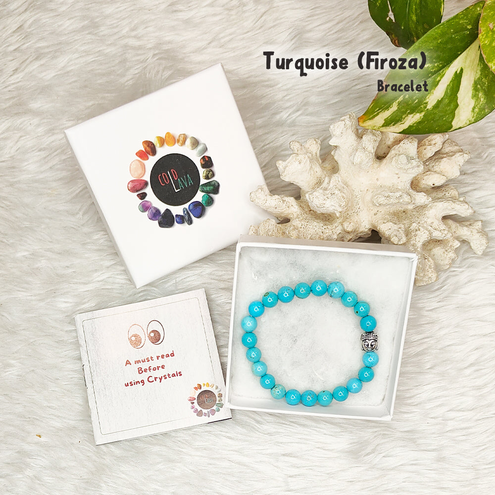 Natural Turquoise (Firoza) crystal bracelet, close-up of blue beads – Cold Lava Studio