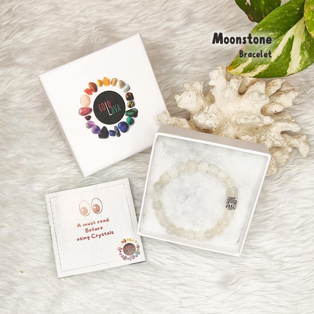 Natural Moonstone crystal bracelet, close-up of iridescent beads – Cold Lava Studio