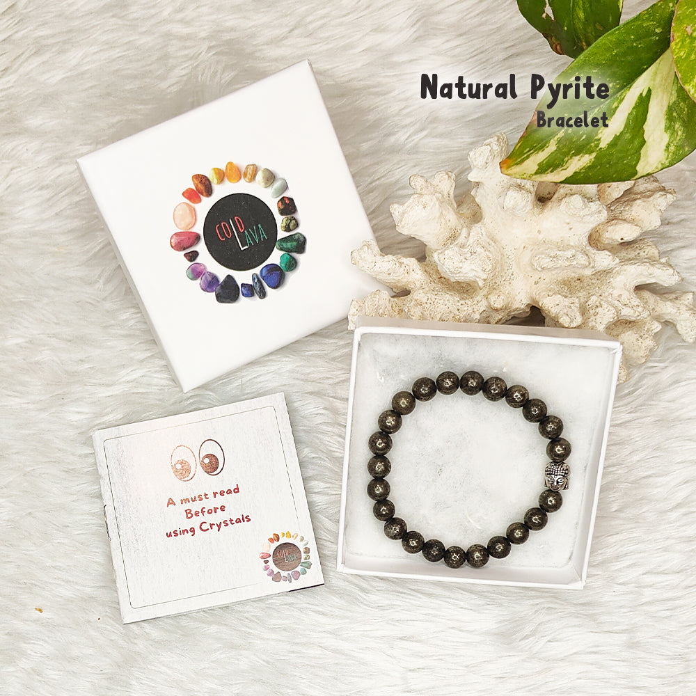 Natural Pyrite crystal bracelet, close-up of metallic beads – Cold Lava Studio