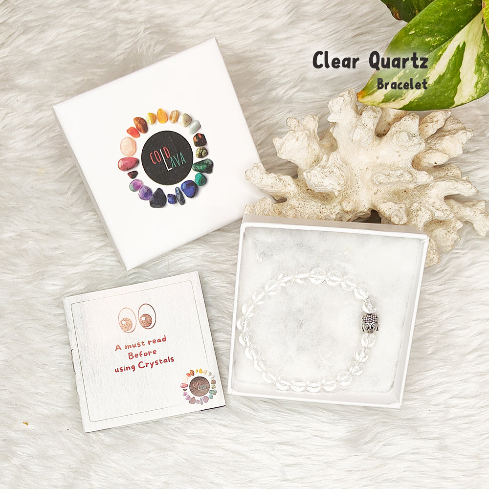 Natural Clear Quartz crystal bracelet, close-up of clear beads – Cold Lava Studio