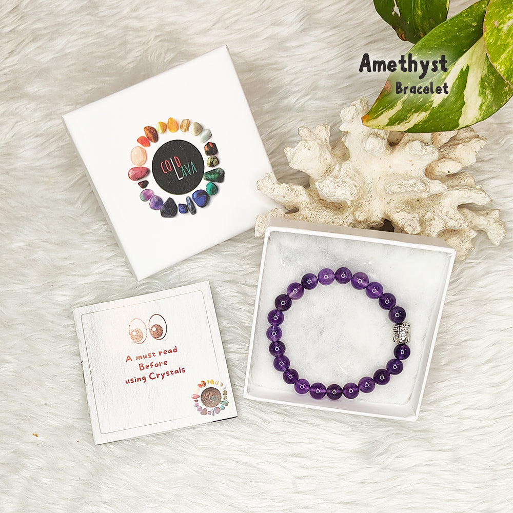 Natural Amethyst crystal bracelet, close-up of purple beads – Cold Lava Studio