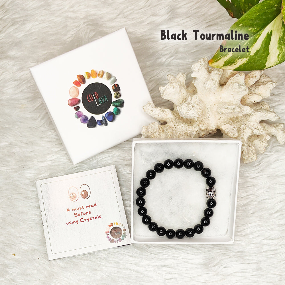 Natural Black Tourmaline crystal bracelet, close-up of dark beads – Cold Lava Studio