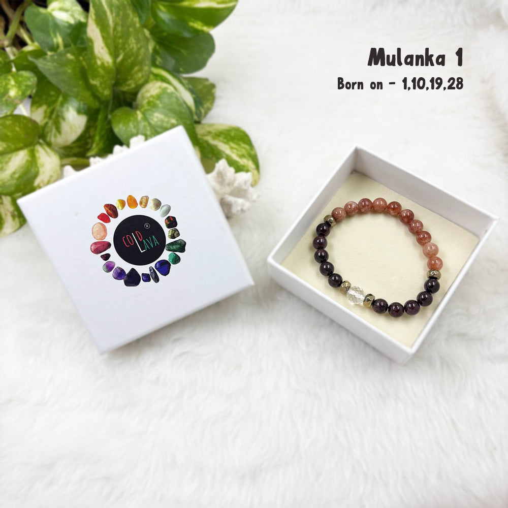 Mulanka 1 numerology bracelet, close-up of Garnet and Sunstone beads – Cold Lava Studio