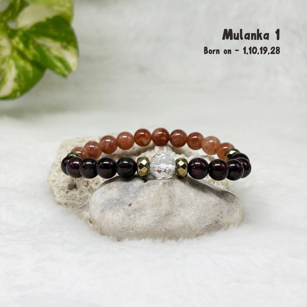 Mulanka 1 numerology bracelet with Garnet and Sunstone for leadership and confidence, birth number 1, 10, 19 or 28 – GII-certified, handmade, Cold Lava Studio