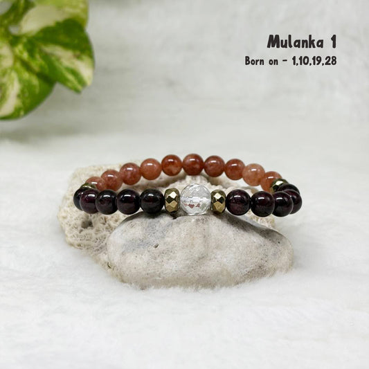 Mulanka 1 numerology bracelet with Garnet and Sunstone for leadership and confidence, birth number 1, 10, 19 or 28 – GII-certified, handmade, Cold Lava Studio