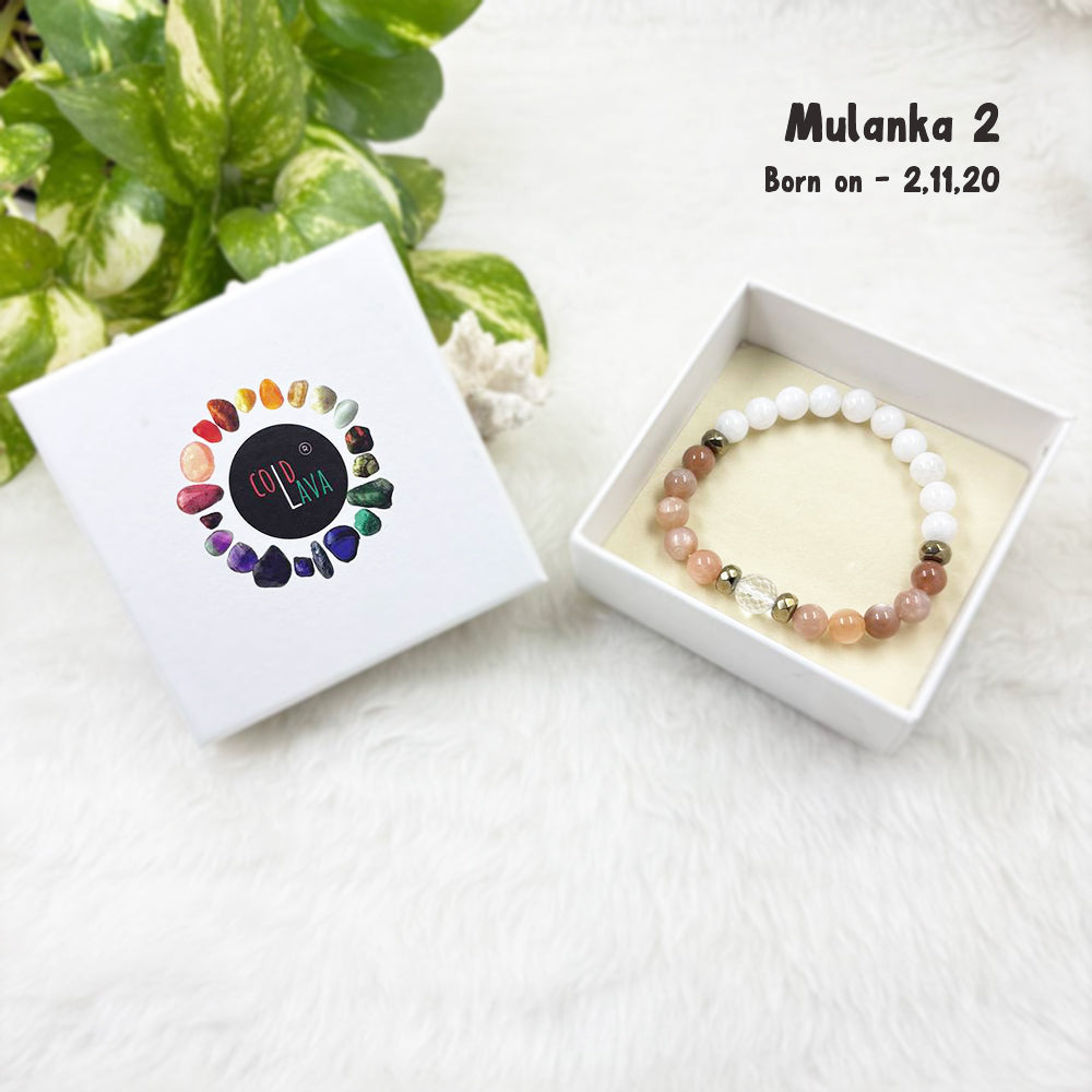 Mulanka 2 numerology bracelet, close-up of Moonstone beads – Cold Lava Studio