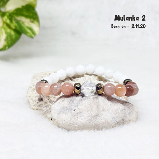 Mulanka 2 numerology bracelet with Peach and White Moonstone for intuition and emotional balance, birth number 2, 11, 20 or 29 – GII-certified, handmade, Cold Lava Studio
