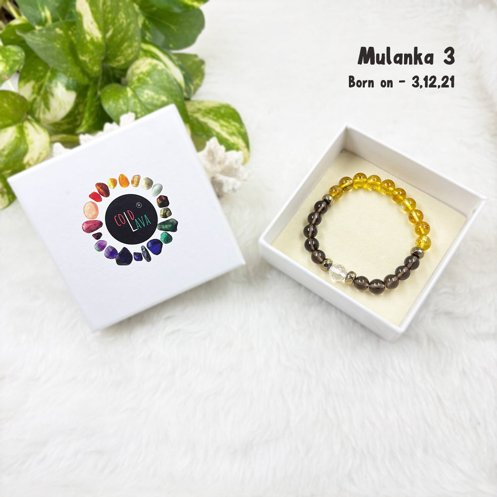 Mulanka 3 numerology bracelet, close-up of Citrine and Smoky Quartz beads – Cold Lava Studio
