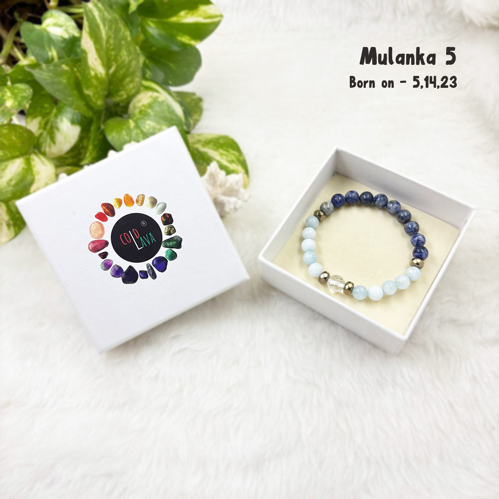 Mulanka 5 numerology bracelet, close-up of Sodalite and Aquamarine beads – Cold Lava Studio