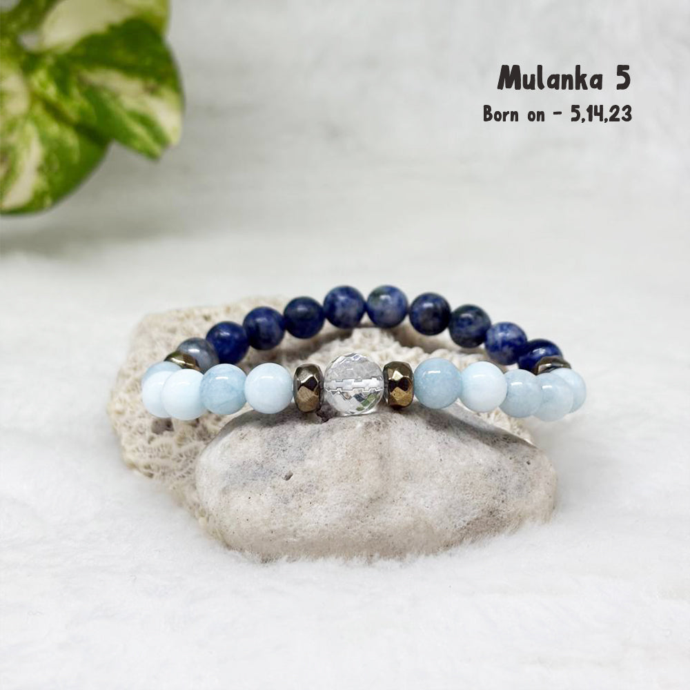 Mulanka 5 numerology bracelet with Sodalite and Aquamarine for clear, calm communication, birth number 5, 14 or 23 – GII-certified, handmade, Cold Lava Studio