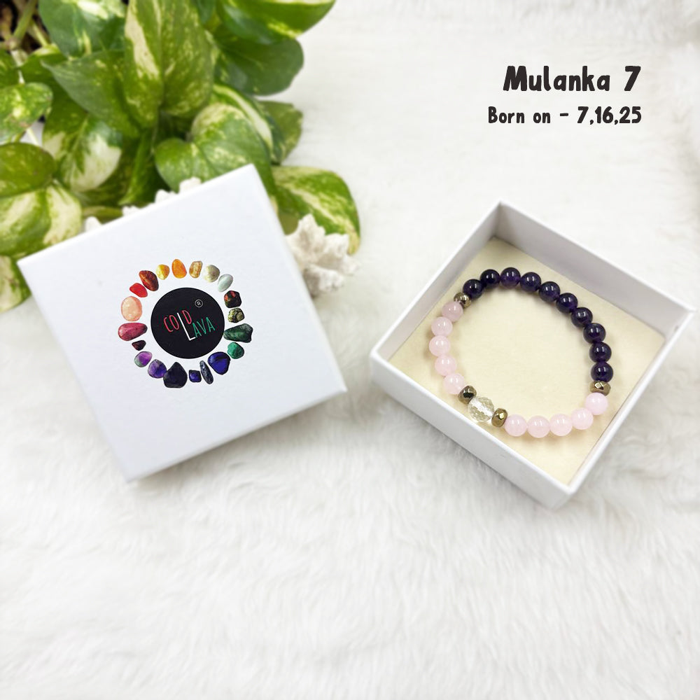 Mulanka 7 numerology bracelet, close-up of Amethyst and Rose Quartz beads – Cold Lava Studio