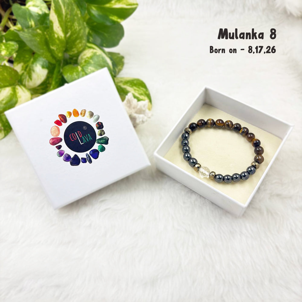 Mulanka 8 numerology bracelet, close-up of Tiger's Eye and Hematite beads – Cold Lava Studio