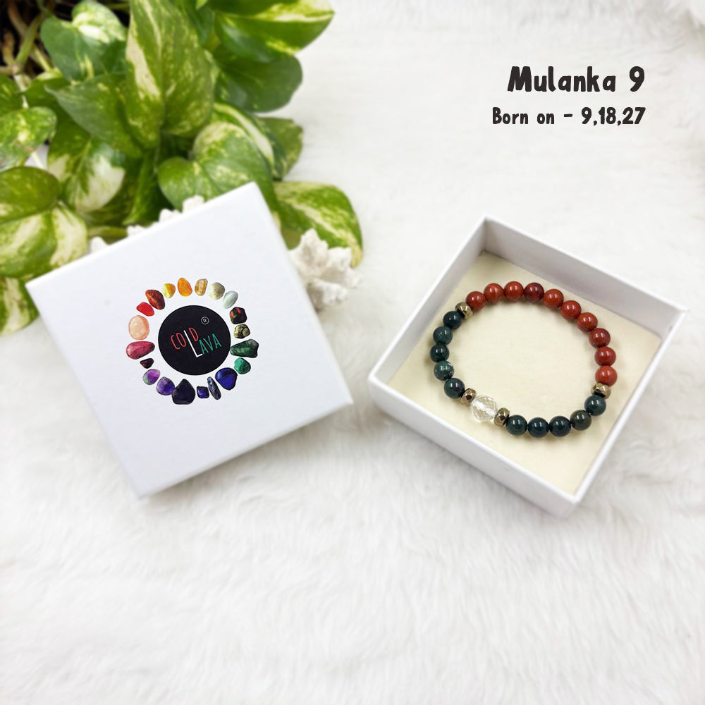 Mulanka 9 numerology bracelet, close-up of Bloodstone and Red Jasper beads – Cold Lava Studio