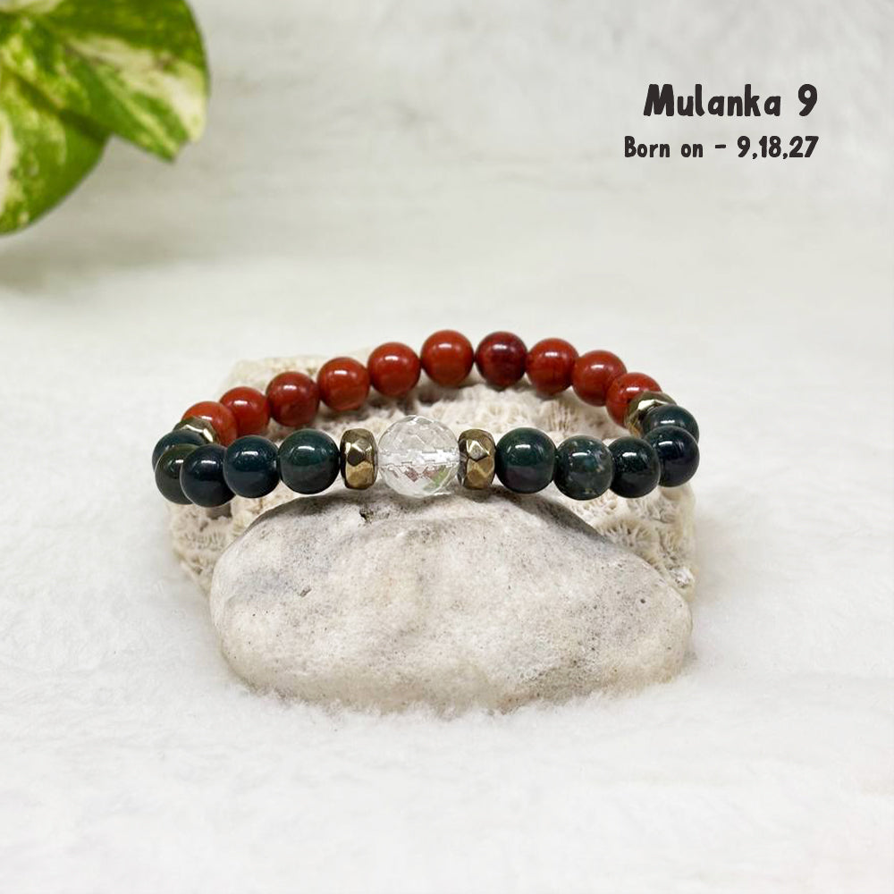 Mulanka 9 numerology bracelet with Bloodstone and Red Jasper for courage and vitality, birth number 9, 18 or 27 – GII-certified, handmade, Cold Lava Studio