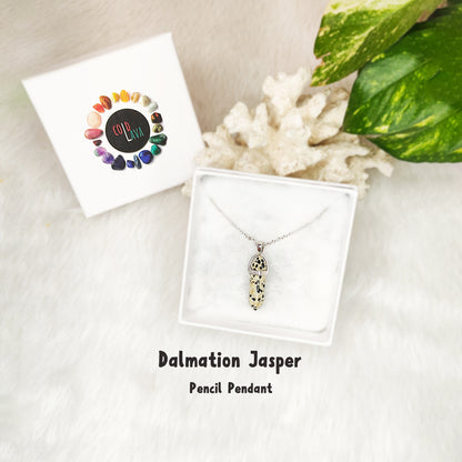 Natural Dalmation Jasper pencil pendant, close-up of crystal point – Cold Lava Studio