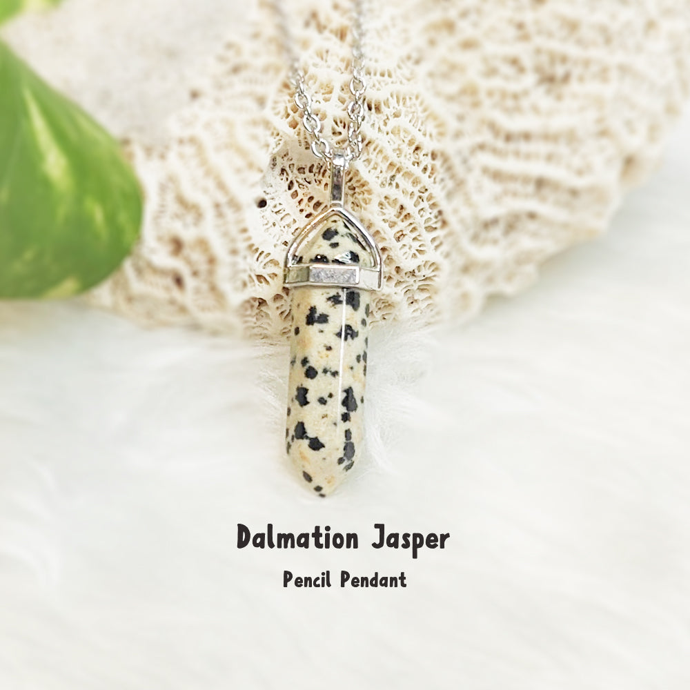 Natural Dalmation Jasper pencil pendant necklace, spotted stone for playfulness and grounding – GII-certified, handmade, Cold Lava Studio