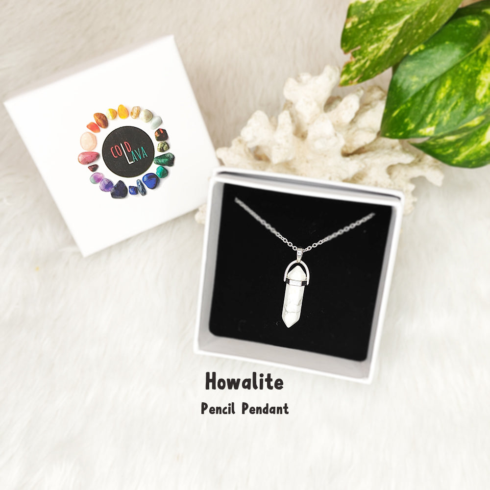 Natural White Howlite pencil pendant, close-up of crystal point – Cold Lava Studio