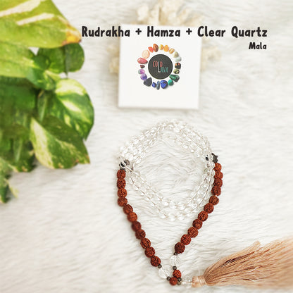 Rudraksh with Clear Quartz Crystal Mala with Humza