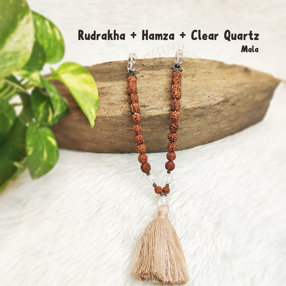 Rudraksh with Clear Quartz Crystal Mala with Humza