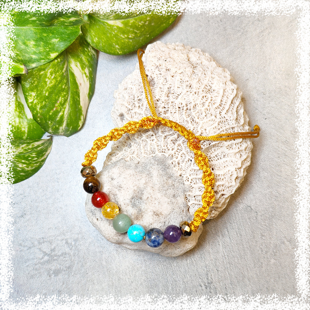 7 Chakra Crystal Rakhi, close-up of macrame and gemstone beads – Cold Lava Studio