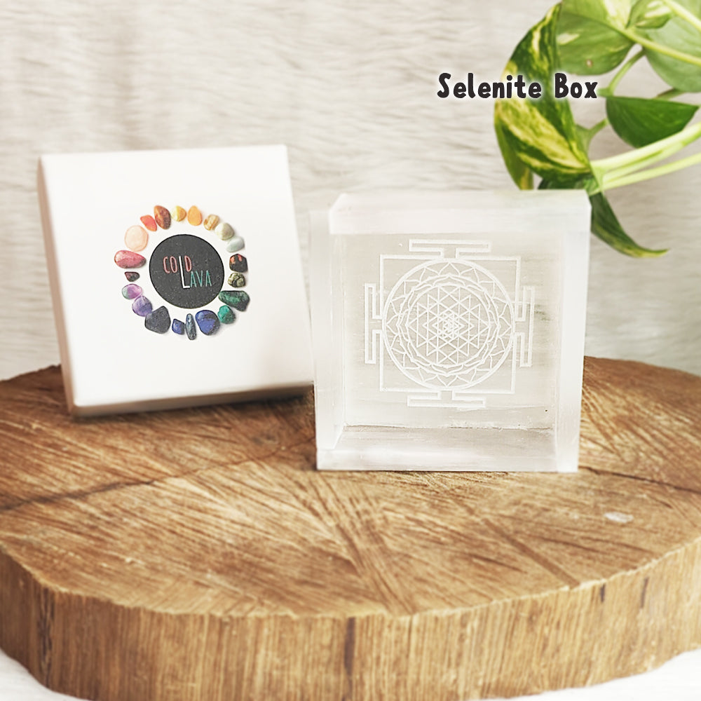 Natural Selenite crystal cleansing box, close-up – Cold Lava Studio