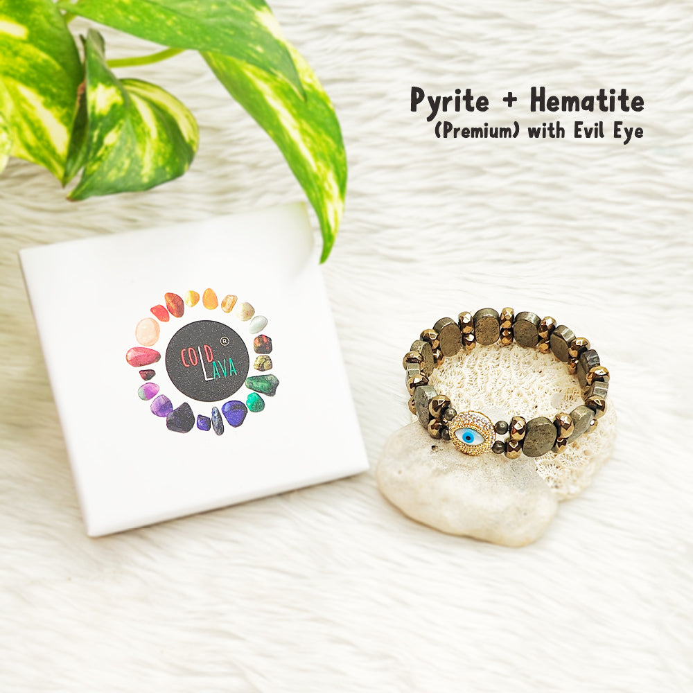 Premium Pyrite + Hematite Bracelet with Evil Eye