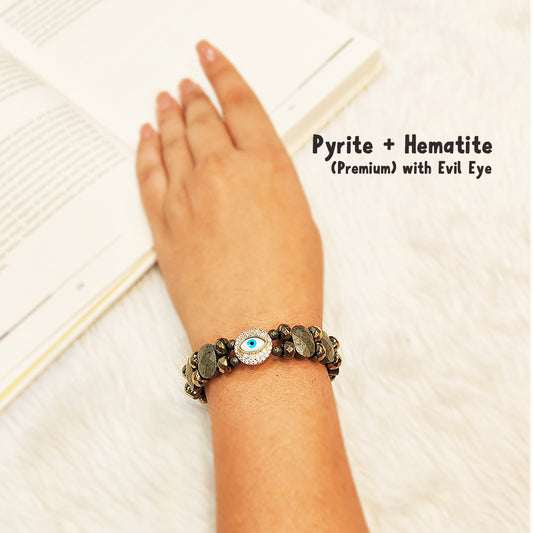 Premium Pyrite + Hematite Bracelet with Evil Eye