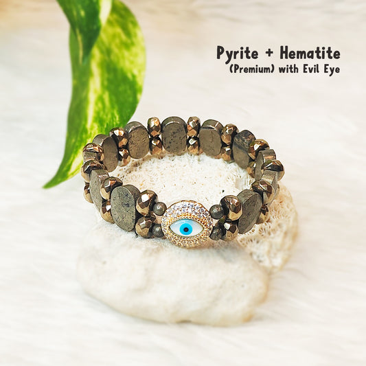 Premium Pyrite + Hematite Bracelet with Evil Eye