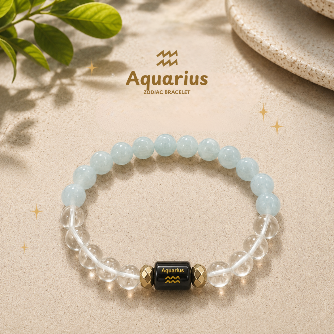 Aquarius Zodiac Bracelet – कुम्भ (Kumbh) | Clear Quartz + Aquamarine