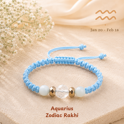 Aquarius zodiac crystal Rakhi, premium macrame thread – durable, wearable all year, Cold Lava Studio