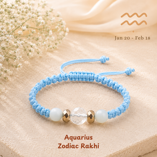 Aquarius zodiac crystal Rakhi, premium macrame thread – durable, wearable all year, Cold Lava Studio