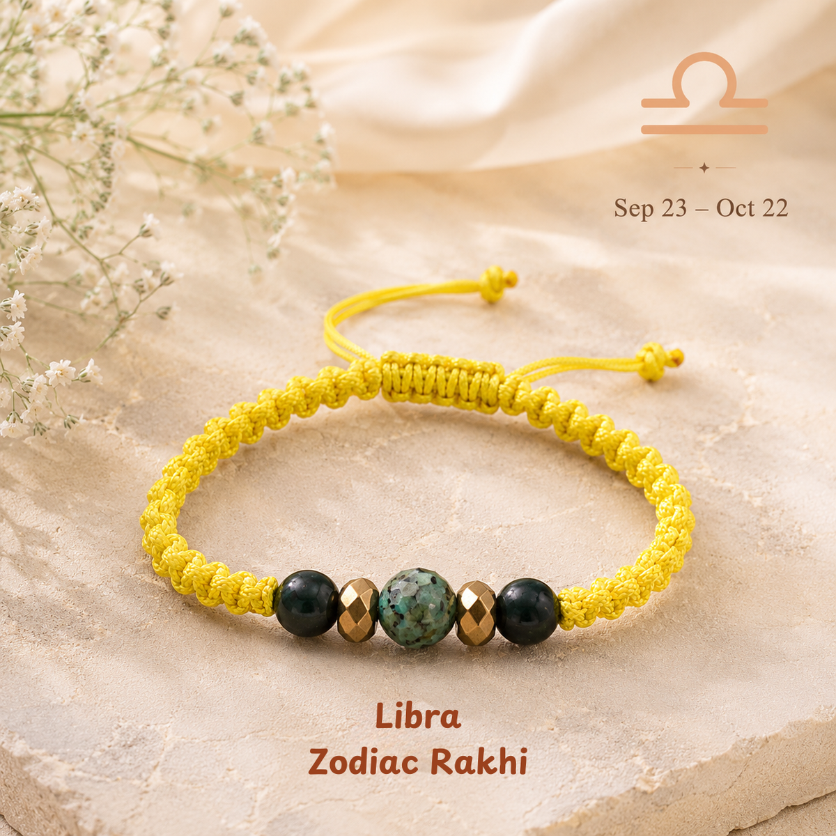 Libra zodiac crystal Rakhi, premium macrame thread – durable, wearable all year, Cold Lava Studio