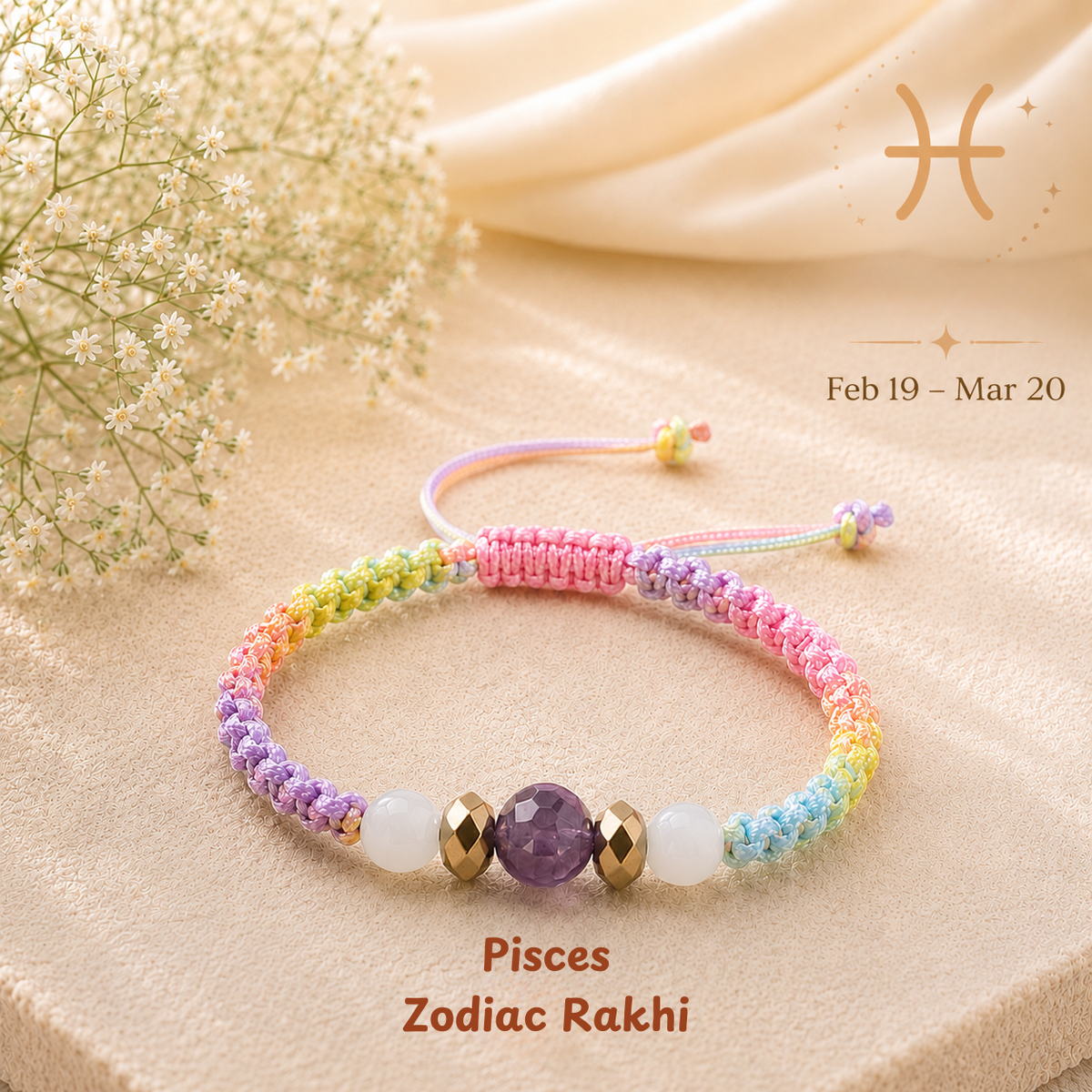 Pisces zodiac crystal Rakhi, premium macrame thread – durable, wearable all year, Cold Lava Studio