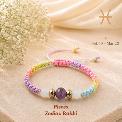 Pisces zodiac crystal Rakhi, premium macrame thread – durable, wearable all year, Cold Lava Studio